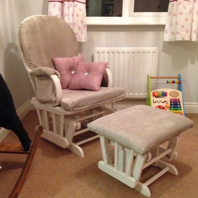 Nursing chair and stool, fully reupholstered and painted white