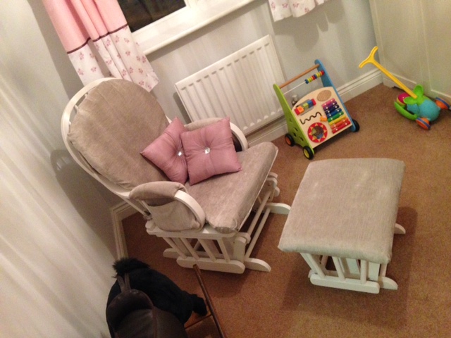 Nursing chair and stool, fully reupholstered and painted white