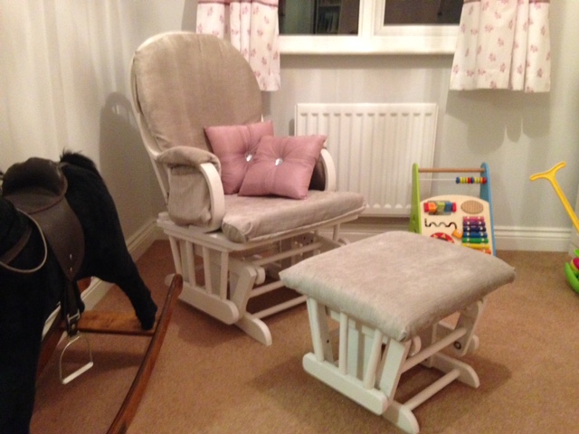 Nursing chair and stool, fully reupholstered and painted white